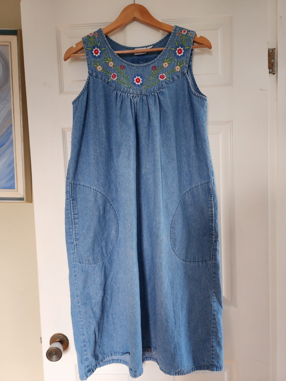 The Vermont Country Store Embrioderd Denim Dress, with pockets!